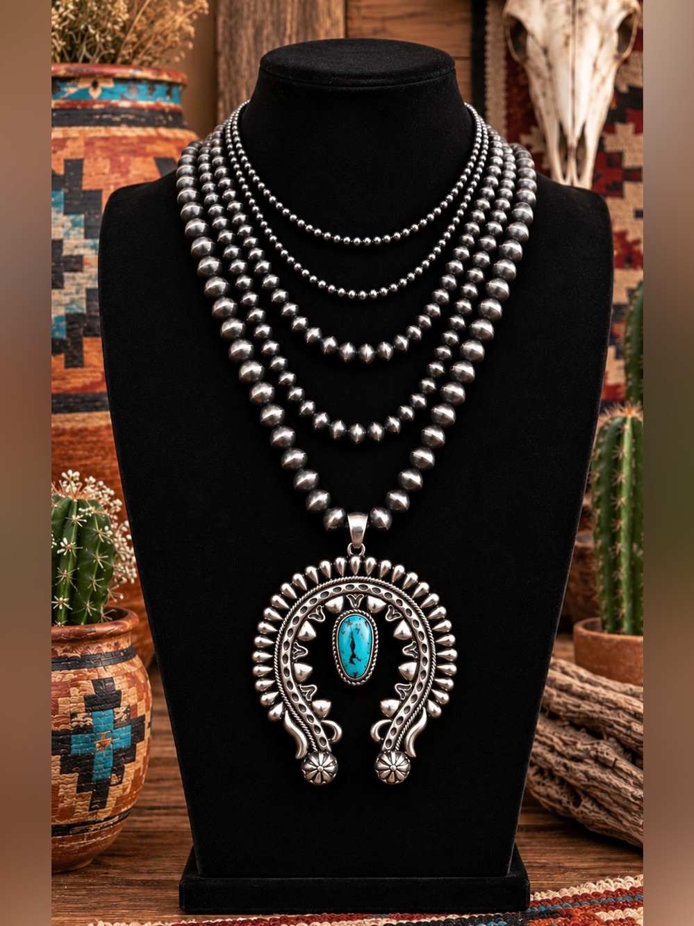 Southwest Navajo Pearl Inspired Faux Turquoise Naja Pendant Beaded Necklace Set